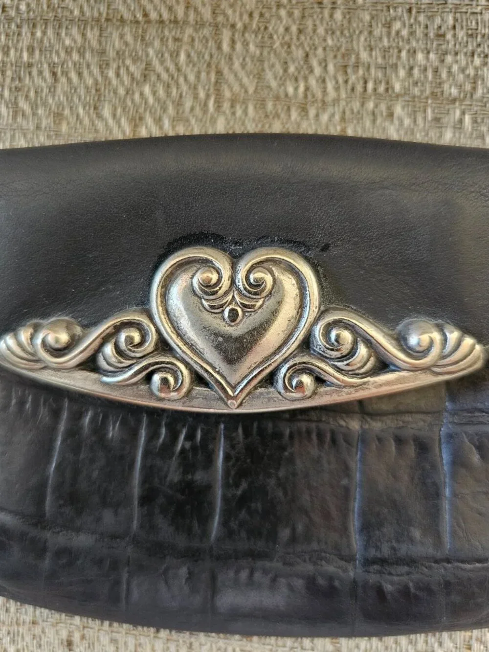 Brighton VINTAGE Black CROCODILE EMBOSSED Wallet  | Silver Heart Hardware